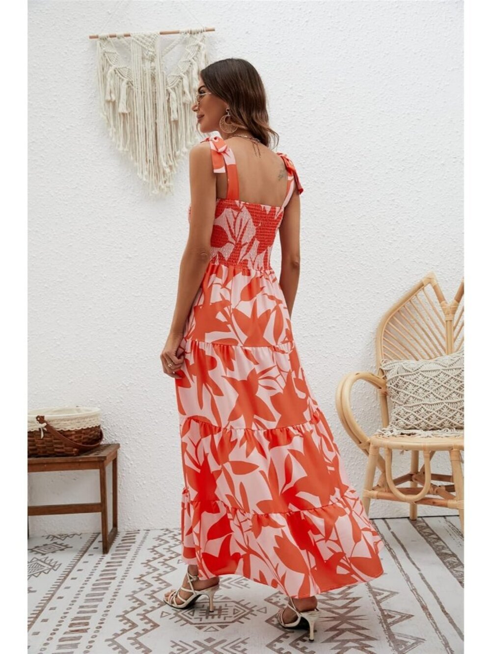 Women's Orange Floral 1 Sleeveless Square Neck Ruffle Flowy Imported Maxi Dress - Picture 5 of 6